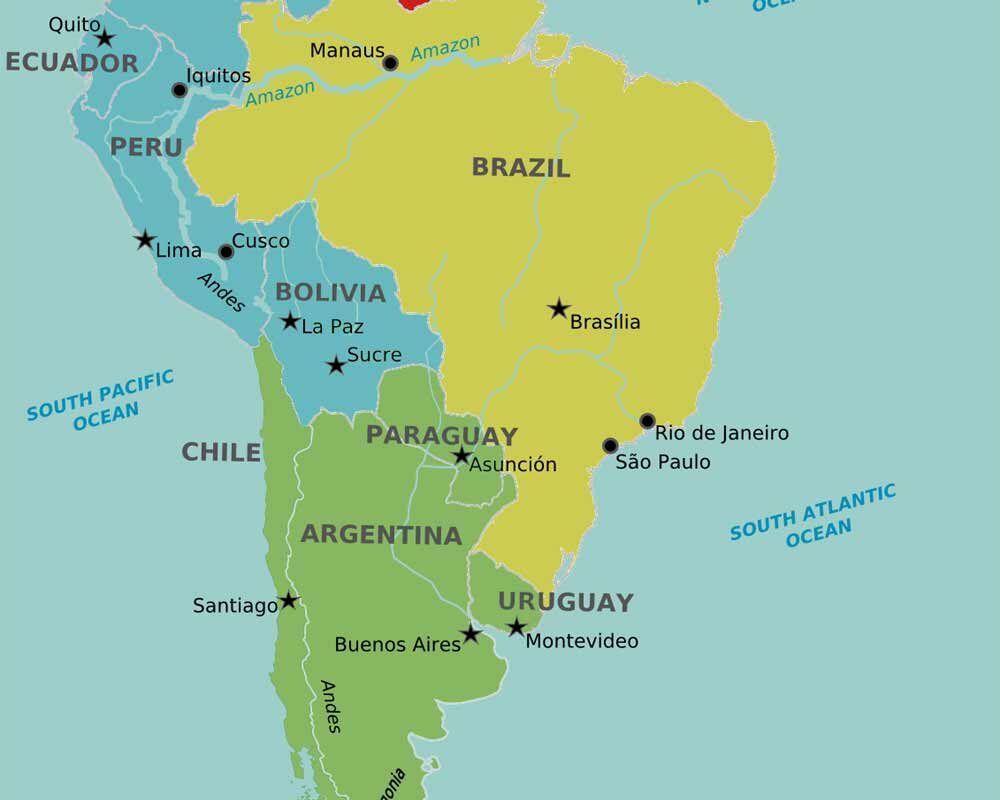 South America Map With Capitals Countries In South America And Their Capitals - Complete List - Country Faq